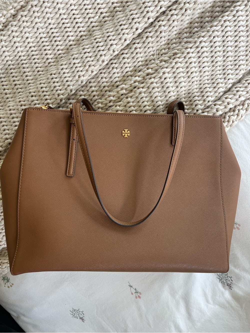 Tory Burch Cognac Saffiano Leather Tote with Gold Logo